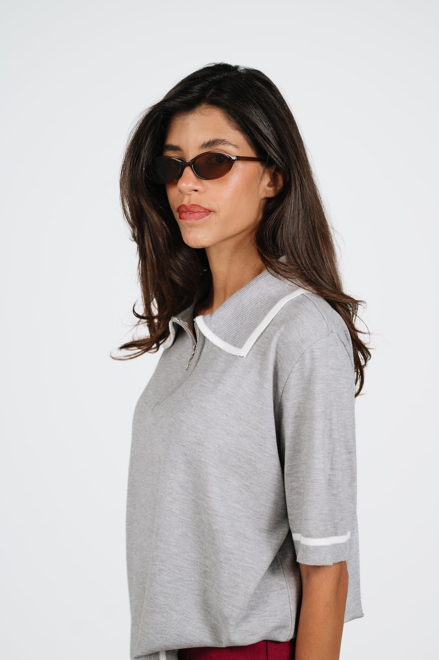 Layan Zip Knit Polo in Grey