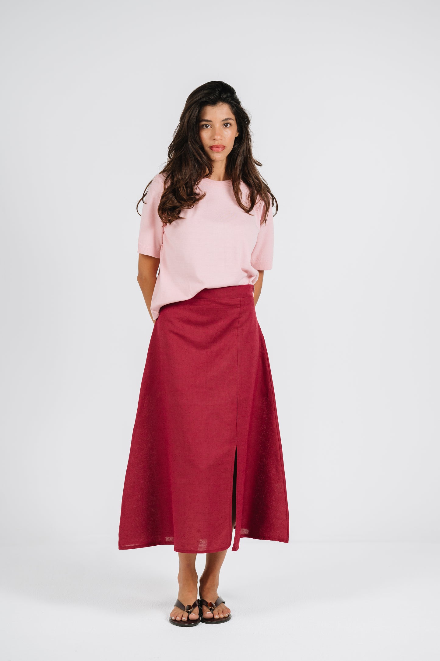 Capsuled Store burgundy linen A-line skirt front view