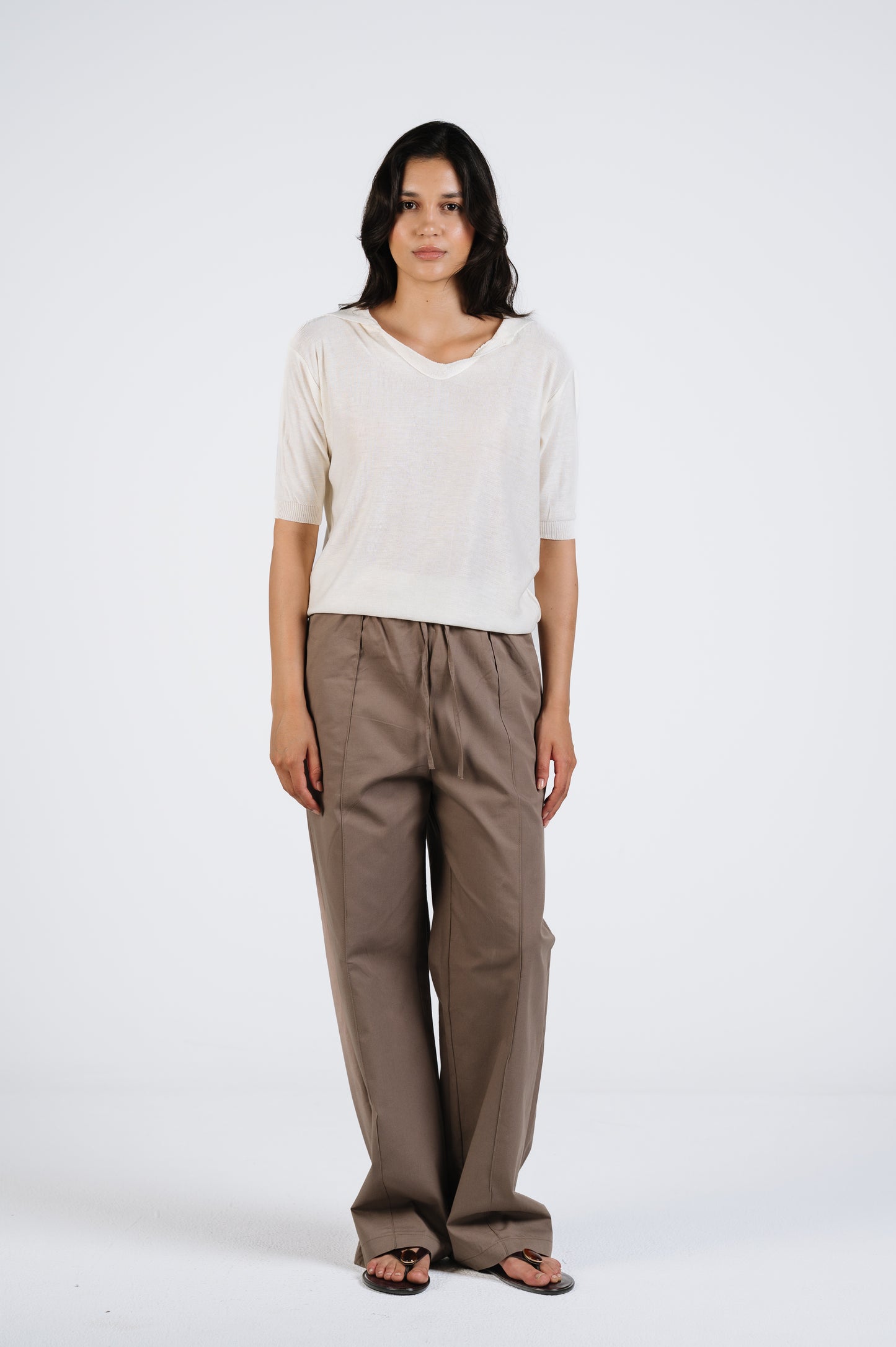 Joe Wide-Leg Cotton Pants with Adjustable Hem in Taupe