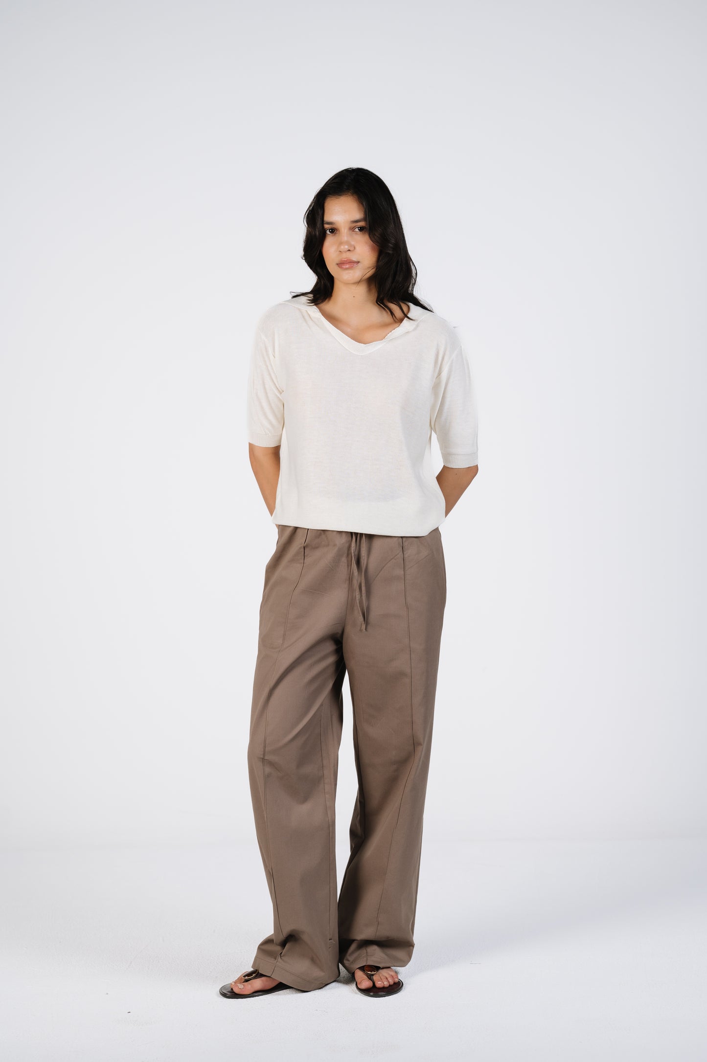Joe Wide-Leg Cotton Pants with Adjustable Hem in Taupe
