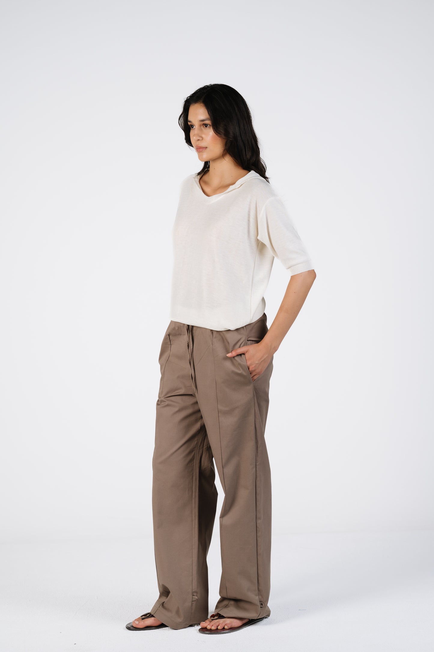 Joe Wide-Leg Cotton Pants with Adjustable Hem in Taupe