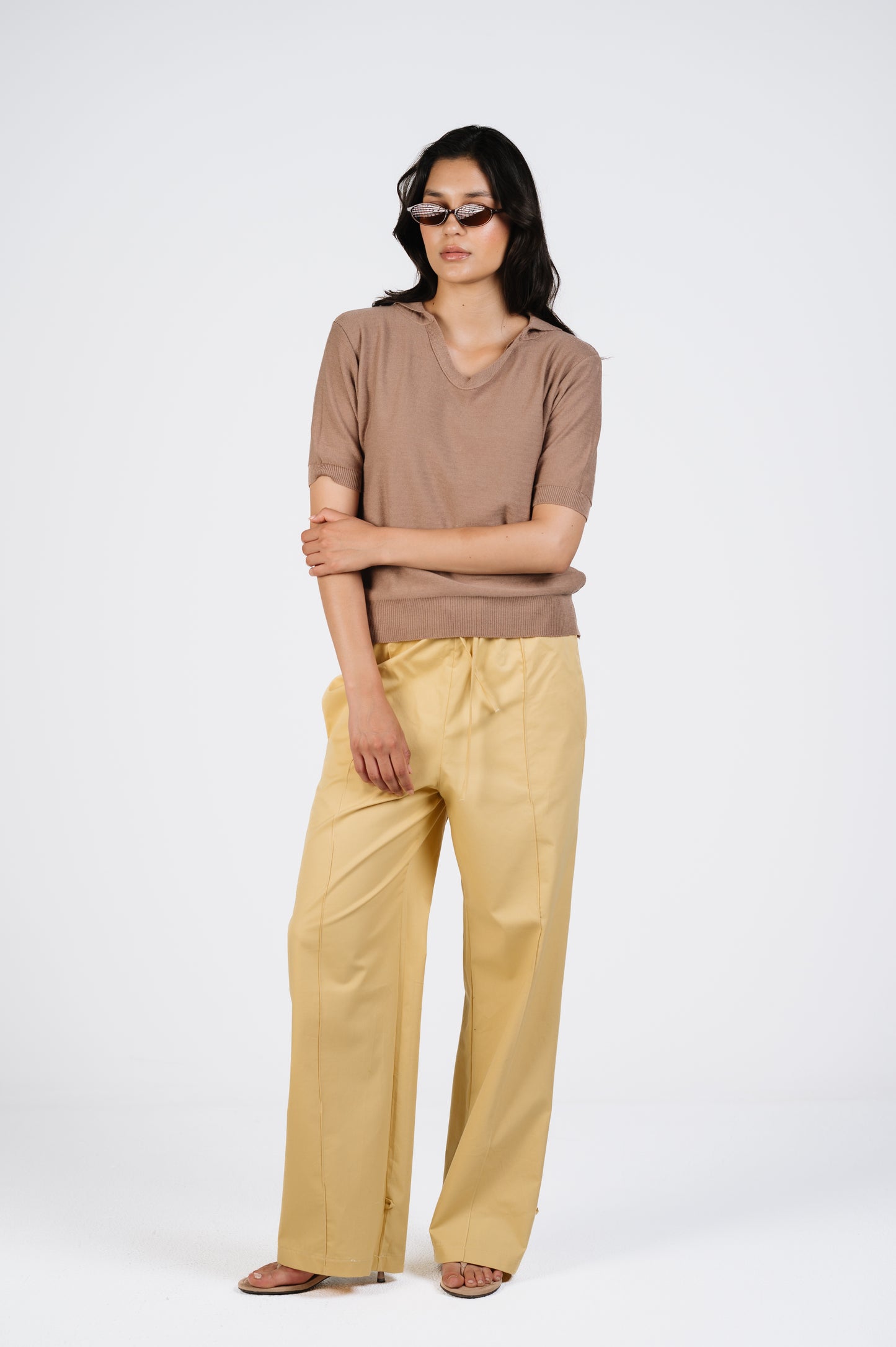 Joe Wide-Leg Cotton Pants with Adjustable Hem in Pale Mustard