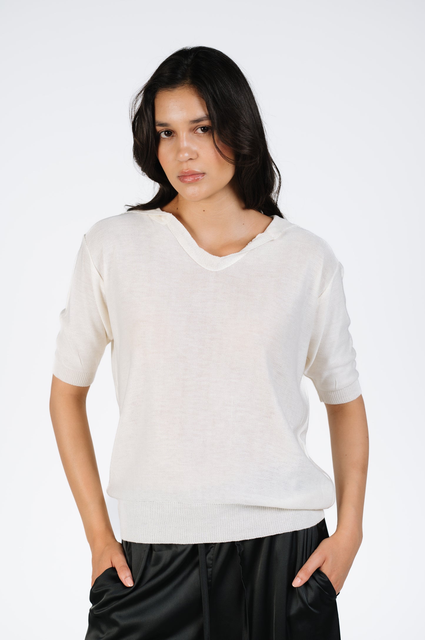 Amani Fine Knit Polo in Off-White