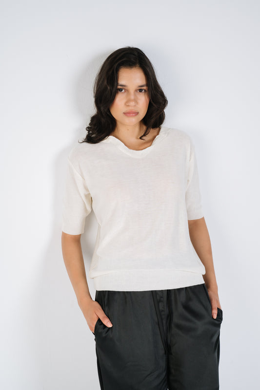 Amani Fine Knit Polo in Off-White