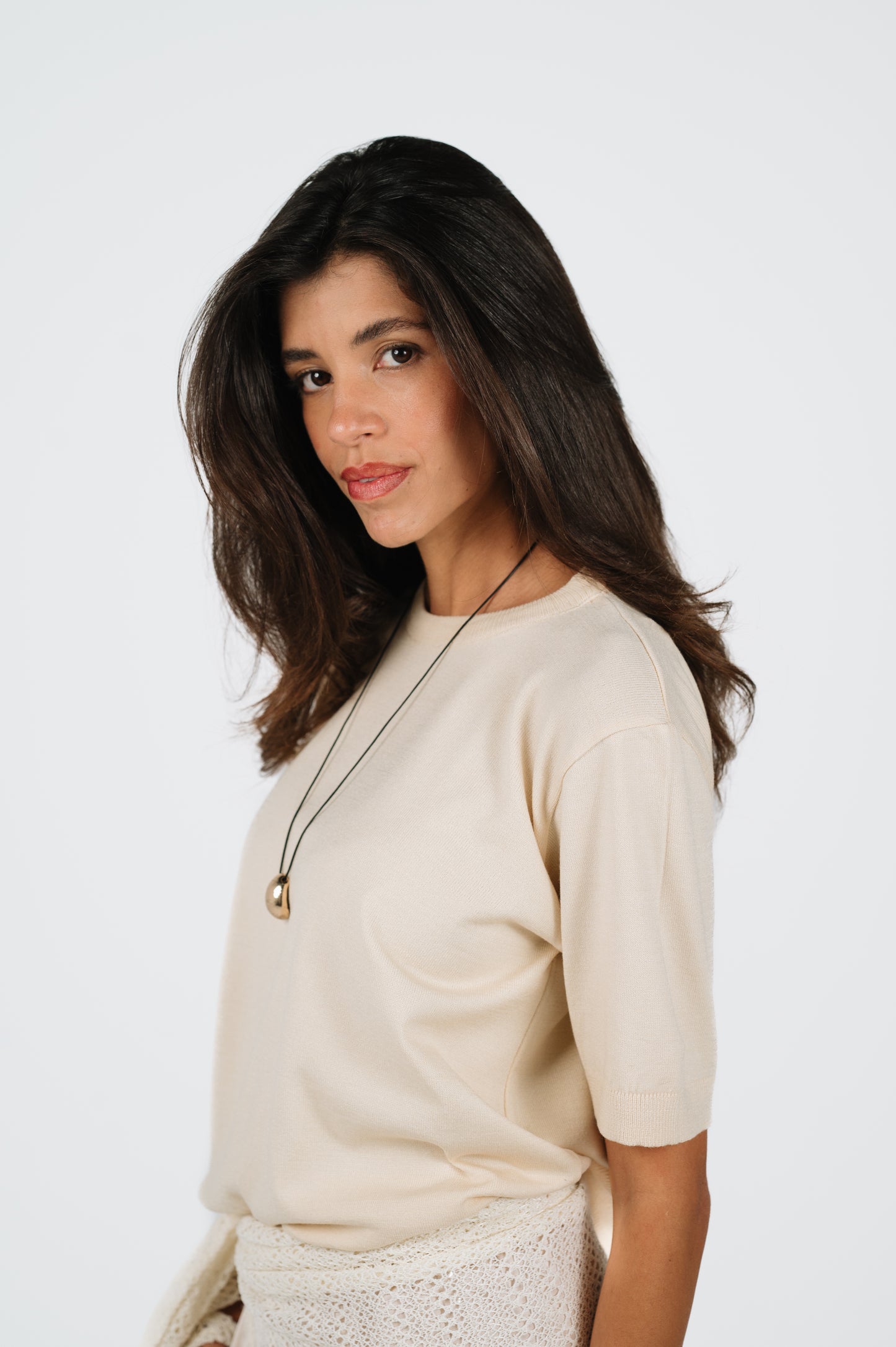 Hana Lightweight Knit T-Shirt in Beige