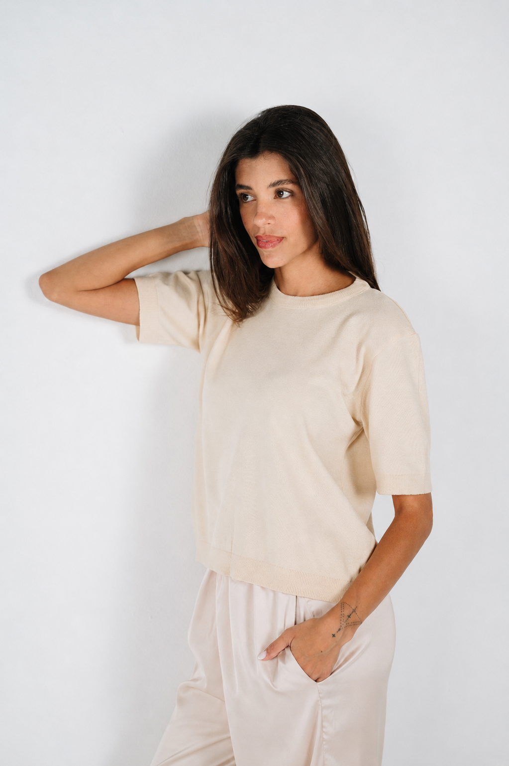 Hana Lightweight Knit T-Shirt in Beige