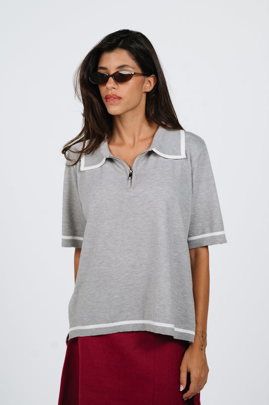 Layan Zip Knit Polo in Grey