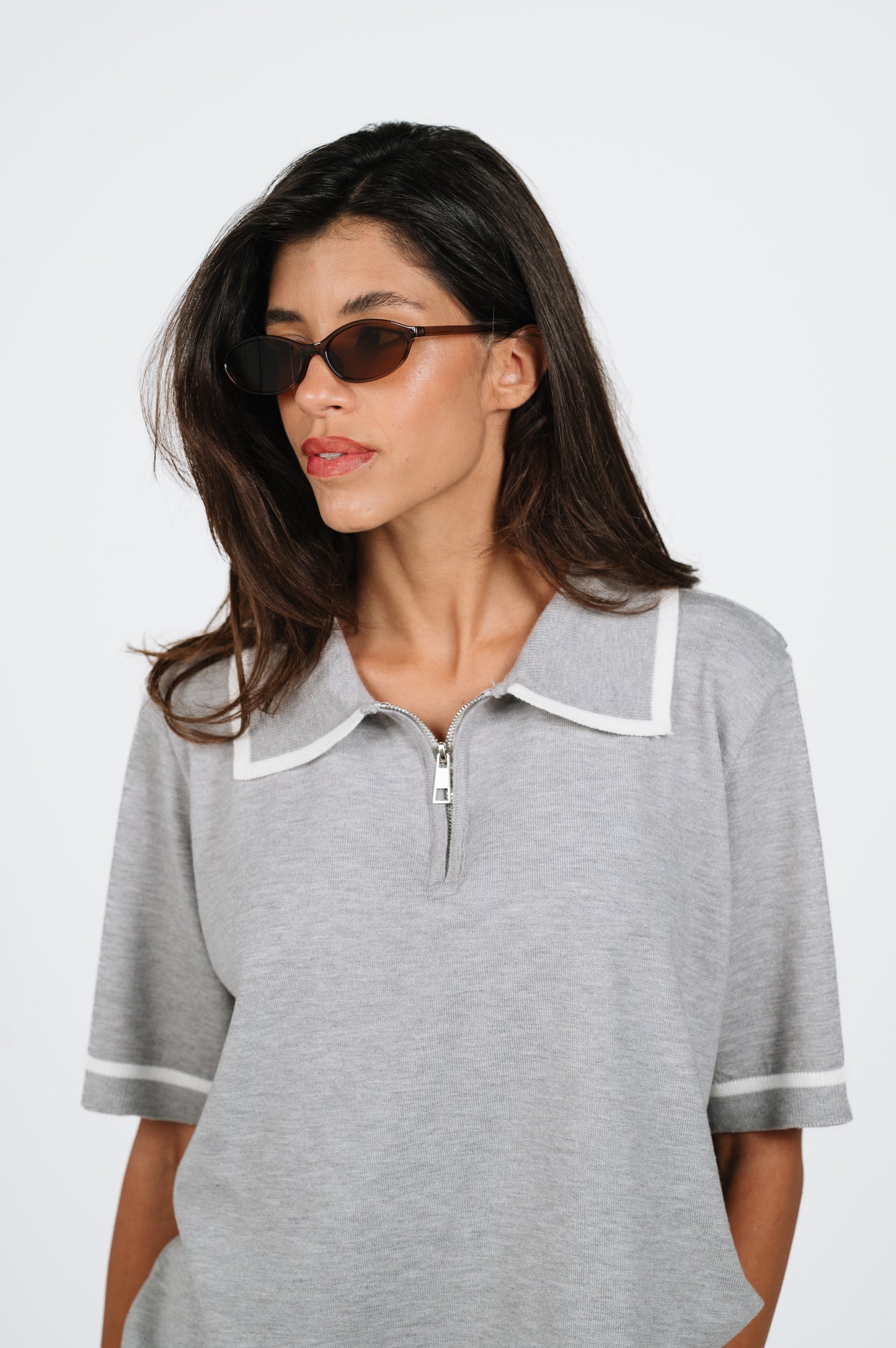 Layan Zip Knit Polo in Grey