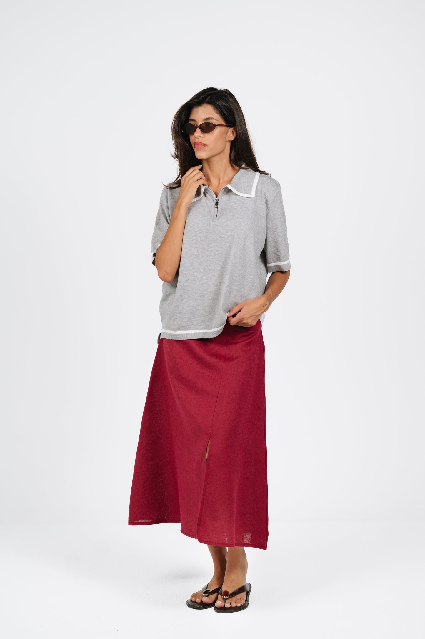Layan Zip Knit Polo in Grey