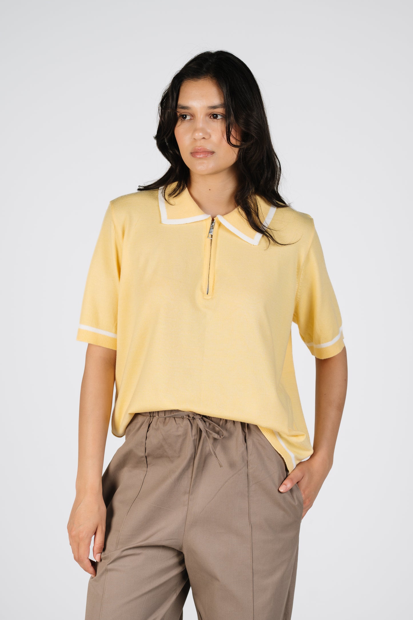 Layan Zip Knit Polo in Butter Yellow
