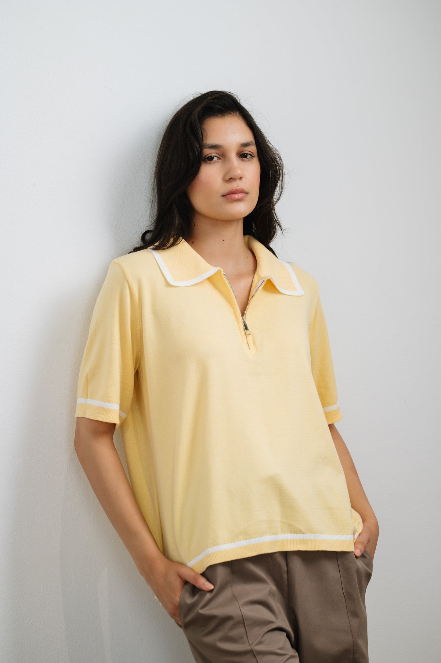 Layan Zip Knit Polo in Butter Yellow