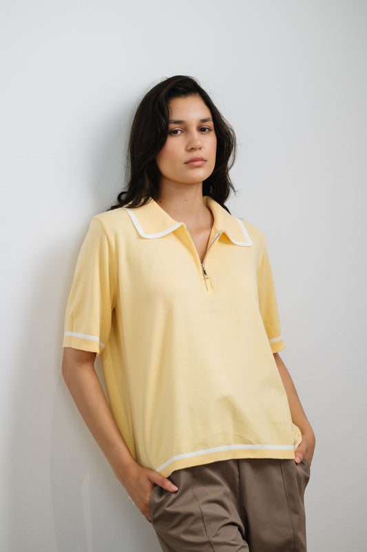 Layan Zip Knit Polo in Butter Yellow