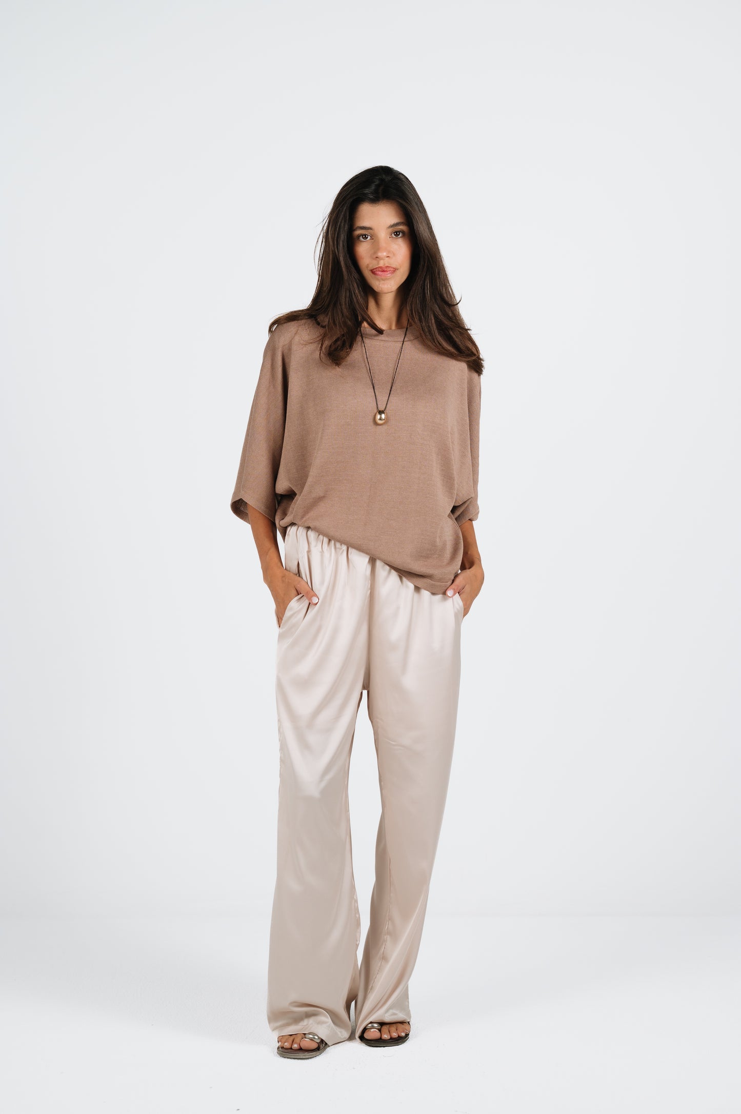 Melanie Relaxed Satin Pants in Champagne