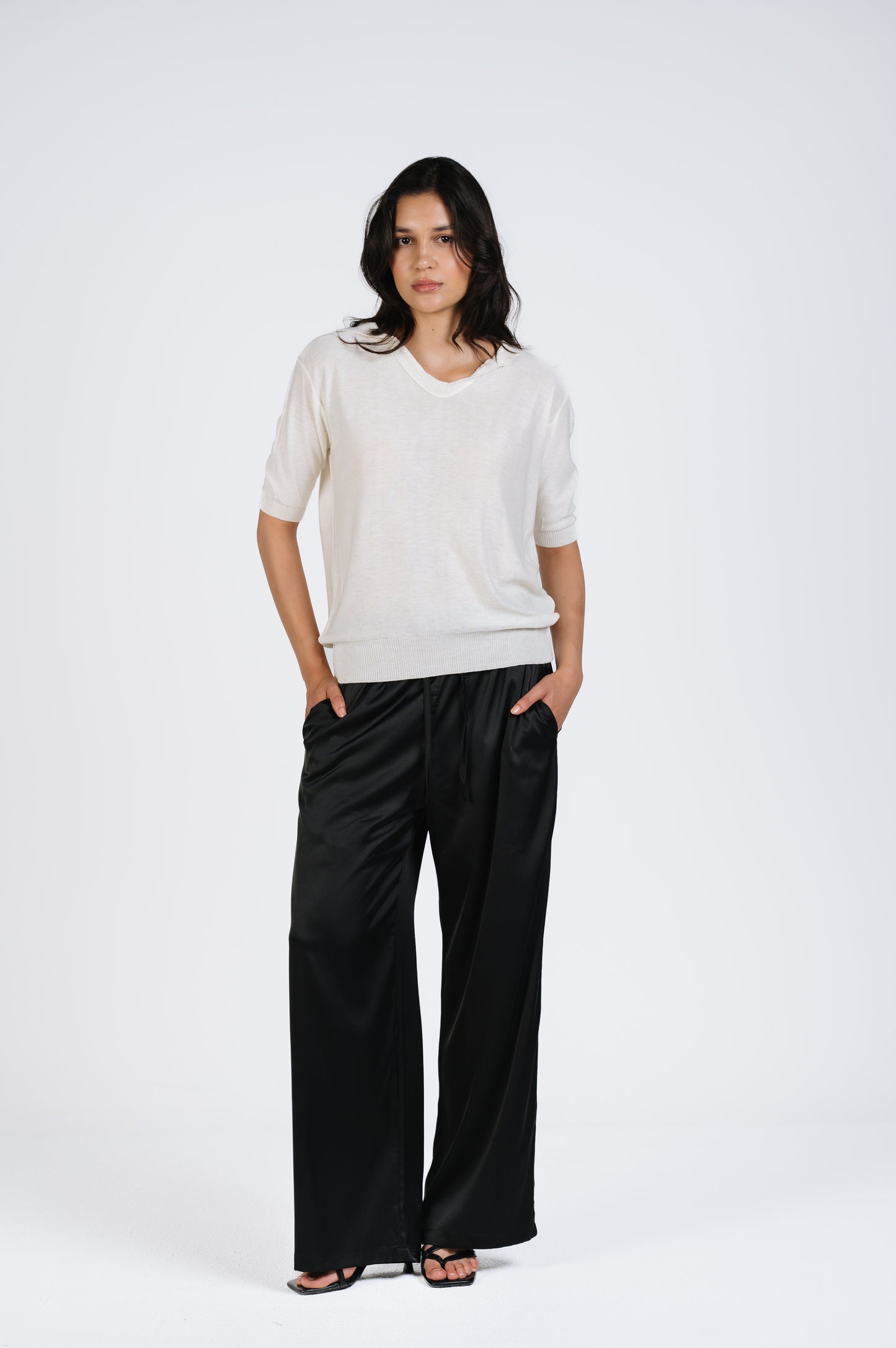 Melanie Relaxed Satin Pants in Black
