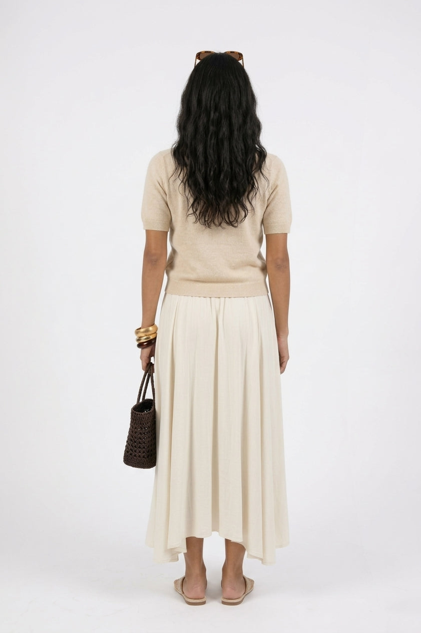 Noha Silk Maxi Skirt & Hana Beige Knit T-Shirt Set