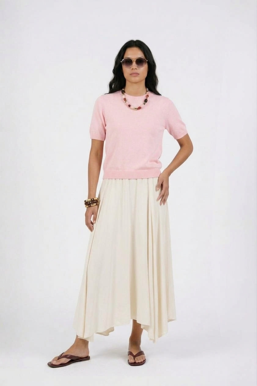 Noha Silk Maxi Skirt & Hana Pink Knit T-Shirt Set