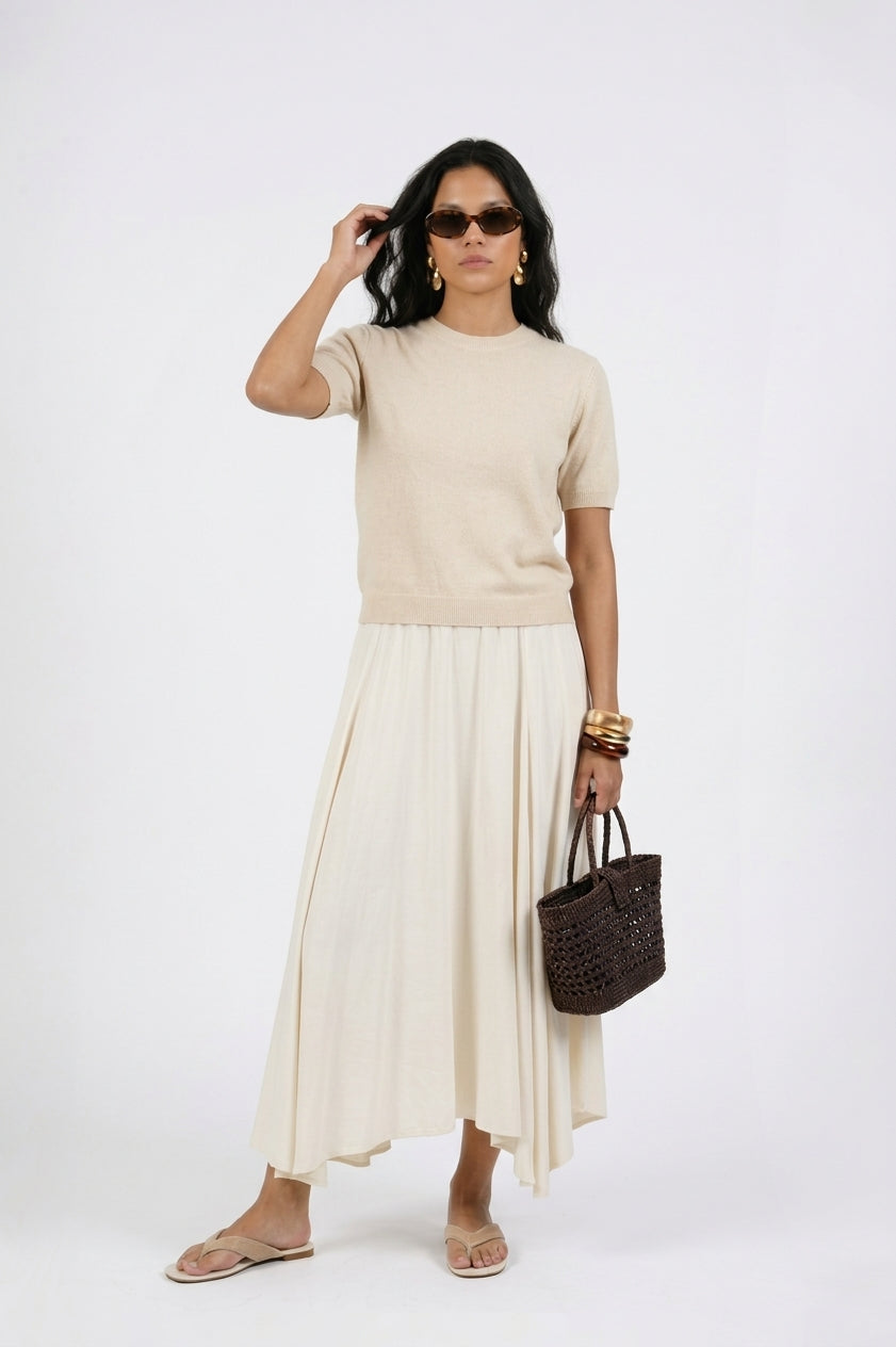 Noha Silk Maxi Skirt & Hana Beige Knit T-Shirt Set