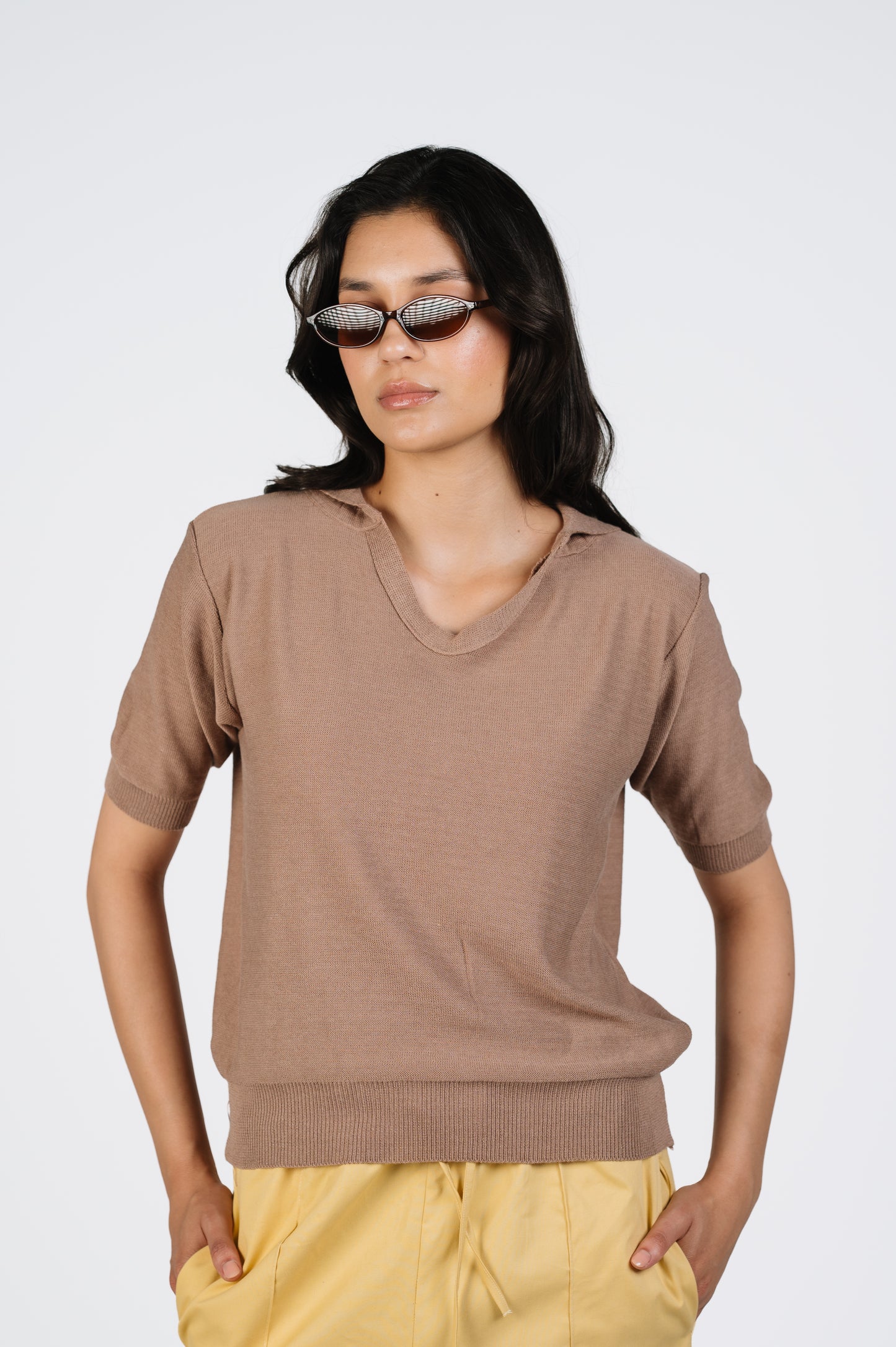 Amani Fine Viscose Knit Polo T-Shirt in Mocha Brown